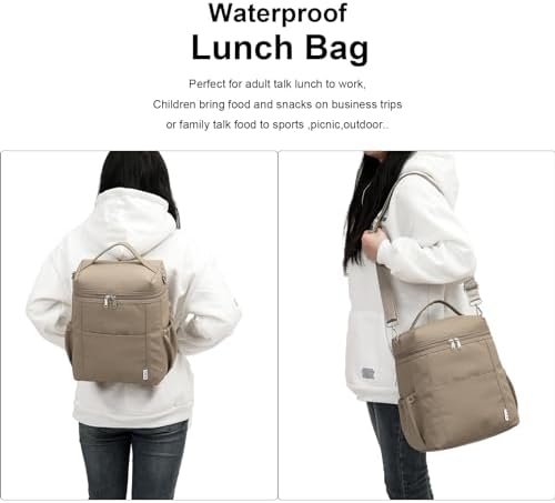 NOL Insulated Lunch Bags for Women Cooler Bag Lightweight Nylon Waterproof Lunch Box for Work Khaki Large 12L