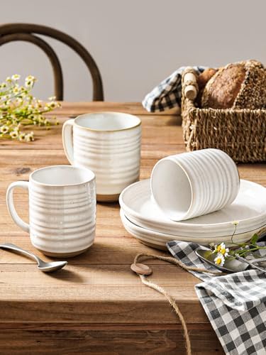 LE TAUCI Ceramic Coffee Mugs Set of 4, 15 oz, Rustic Style, Arctic White