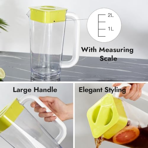 CURTA 1 Pack 2 Liters/68 oz Plastic Square Pitcher with Lid & Handle for Kitchen,ICED JUICE and Coffee Carafe Beverage Serveware, Acrylic Water Jug for Hot/Cold Drinks&lemonade