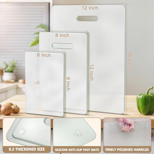 3 Pack Glass Cutting Boards for Kitchen Counter, Clear Tempered Glass Cutting Board Set with Handle (16"x12" & 12"x8" & 9"x6"), Scratch Resistant, Dishwasher Safe, Non-toxic, Easy to Clean