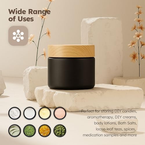 3 Pack 2 OZ Matt Black Small Glass Jars with Plastic Woodgrain Lids