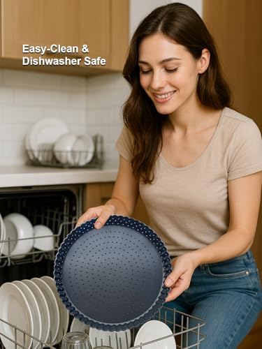 9 Inch Perforated Quiche Pan for Crispy Crust w/Cake Server. Removable Bottom, Non-Stick Coating, Rugged Carbon Steel Dish for Tart Quiche Pie Baking. Gift for Christmas Thanksgiving Party