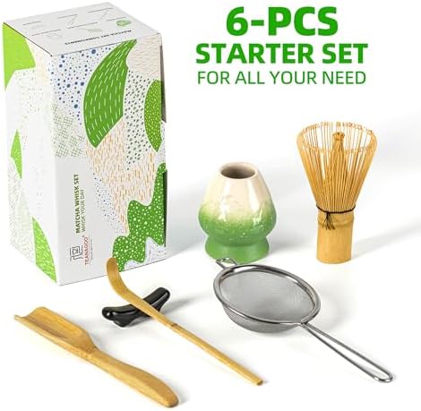 TEANAGOO Matcha Whisk Set,Matcha Whisk(100 prongs) with Green Holder,6-PCS Traditional Starter Set,Scoop(Chashaku),Tea Spoon,Bamboo Chasen for Making Latte,Ceremony Accessory,Gife for Friend/Family