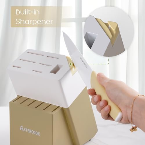 Astercook Kitchen Knife Set with Block and Sharpener 15 Piece Knives Set German High Carbon Stainless Steel Sharp Blade Dishwasher Safe with Ergonomic Handle Yellow