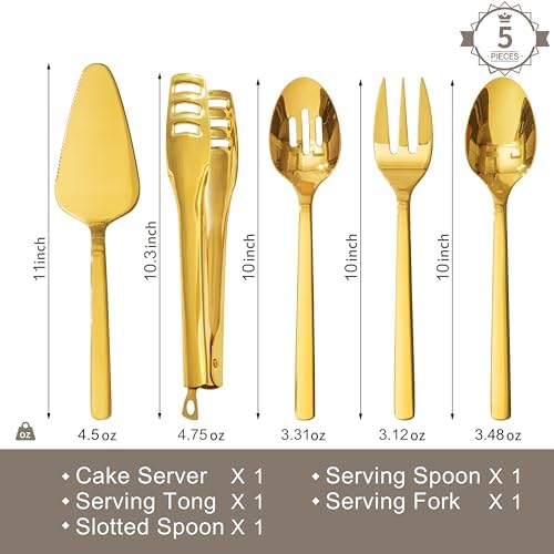 KINGSTONE 18/10 Large Hostess Gold Serving Utensils,Stainless Steel Serving