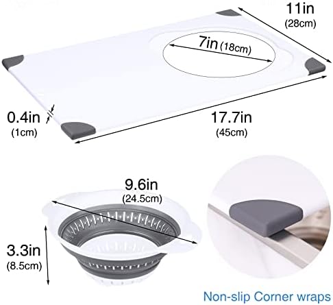NiHome Over Sink Cutting Board with Collapsible Colander,Non-Slip 11x17.7in
