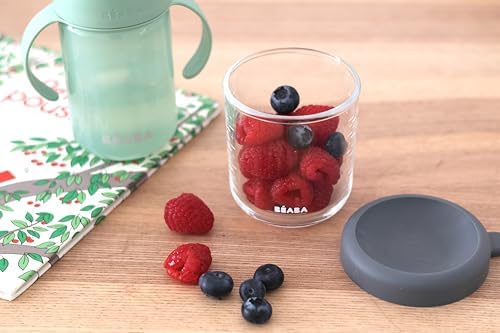BEABA 8 oz Glass Baby Food Jars with Soft Silicone Air Tight Lids, Glass Storage Containers with Lids, Microwave and Freezer Safe Containers, Mineral