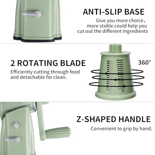 Upgrade Rotary Cheese Grater Shredder with Handle, Strong Suction Base, Multi-purpose Rotary Grater Slicer with 5 Interchangeable Blades for Ice, Vegetables, Fruit, Nuts with Blade Storage Box