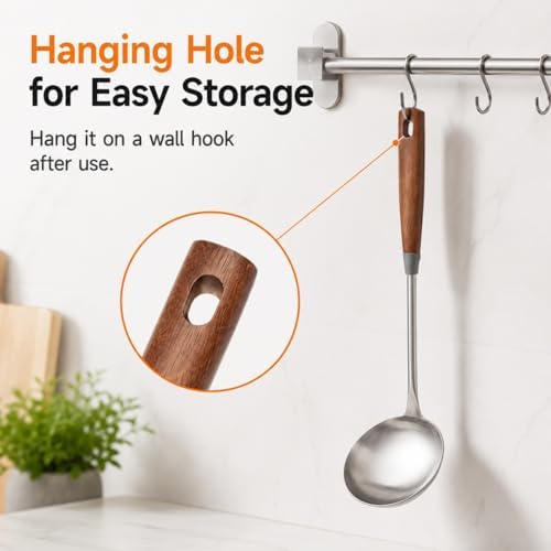 WANGYUANJI 14.2 Inch Stainless Steel Soup Ladle, Deep Wok Ladle Spoon with Wooden Handle and Pot-Rim Stopper, Long Handle Serving Scoop for Soup, Hot Pot, Stew and Chili