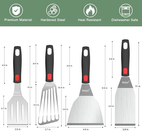 Beijiyi 4-Piece Metal Spatula for Cast Iron Skillet, Sturdy Stainless Steel