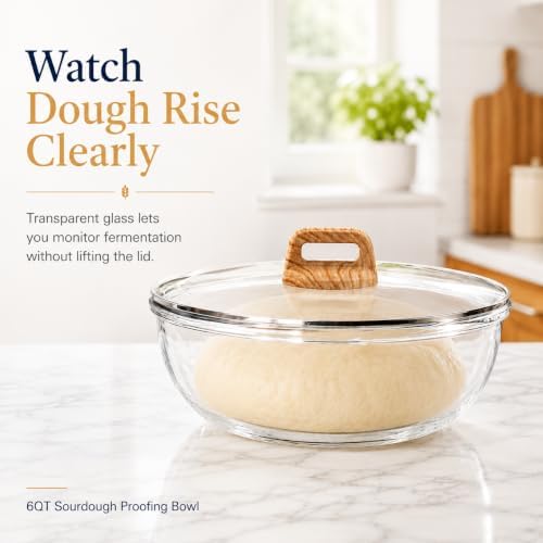 Large Glass Bowl for Sourdough Bread Making 6 QT Glass Mixing Bowl with Lid and Walnut Wood-Look Solid Bakelite Handle Clear Sourdough Bread Proofing Bowl with Cover Ideal for Baking