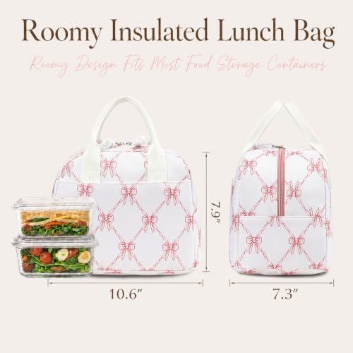 LOVELYWIND Lunch Box for Women, Insulated Lunch Bag, Cute Bow Print Tote
