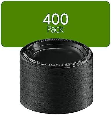 PLASTICPRO 400 PCS Black Plastic Plates Light Weight 7 Inch Plastic Dinner Dessert Appetizer Plates Black Plates Disposable for Party and Wedding