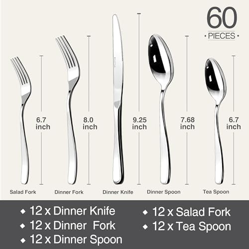 18/10 Silverware Set for 12, 60 Piece Stainless Steel Flatware Cutlery Set