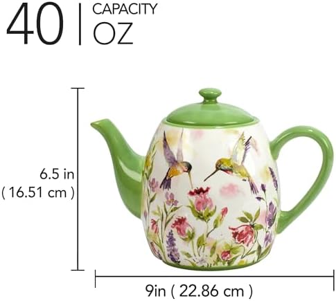 Hummingbirds Ceramic Teapot, 40 oz – Watercolor Floral Bird Design with Lid, Dishwasher & Microwave Safe, Whimsical Tea Pot for Loose Leaf & Bagged Tea, Great for Garden or Bird Lovers