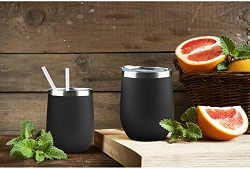 MEWAY Stemless 12oz Wine Tumbler Glasses with Lid -Insulated Double Wall Vacuum Stainless Steel Travel Tumbler with Straw,for Woman Under 10 dollars(Black,1)