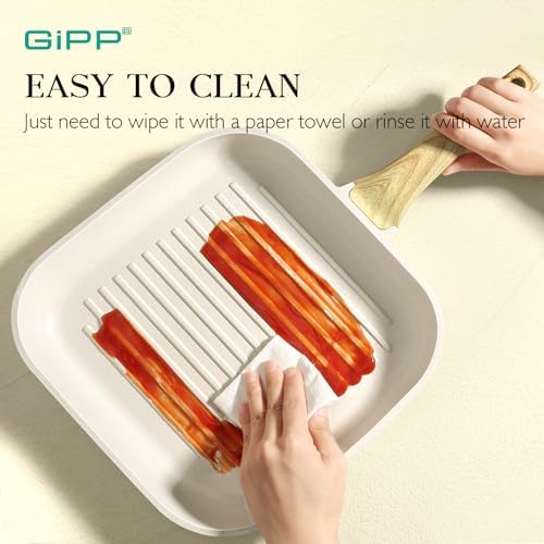 GiPP Nonstick Grill Pan for Stove Tops - 11 Inch Square Grilling Pan for Indoor Cooking & Outdoor Grilling, Non Stick Granite Grill Skillet Steak Pan, PFOA Free, White