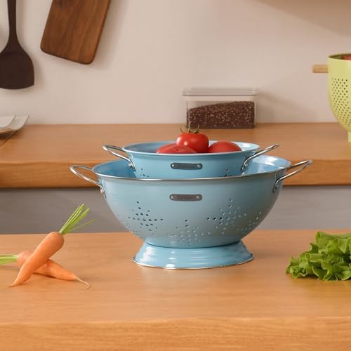 Metal Colander 2 Pack, Strainer Bowel with Handles 2Qt & 6Qt Powder Coated Solid Ring Base Heavey Duty Kitchen Drainer Basket for Pasta Veggies and Fruits,New Home Apartment Essentials (ArcticBlue)