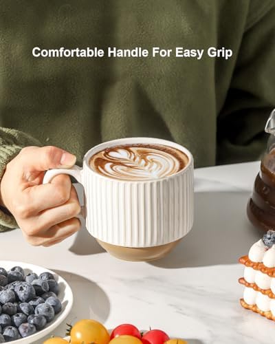 HASENSE 15 oz Ribbed Stackable Ceramic Coffee Mug Set of 4, White & Light Brown Cups with Metal Holder, Dishwasher & Microwave Safe for Cappuccino Tea Hot Cocoa, Wedding Housewarming Gifts