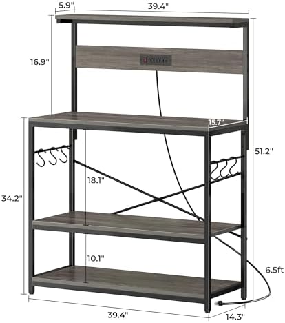SUPERJARE Bakers Rack with Power Outlets, Microwave Stand, 39.4 X 14.3 Inch Larger Desktop, Kitchen Storage Rack with Adjustable Middle Shelf, 6 S-Shaped Hooks, Coffee Bar Stand, Grey