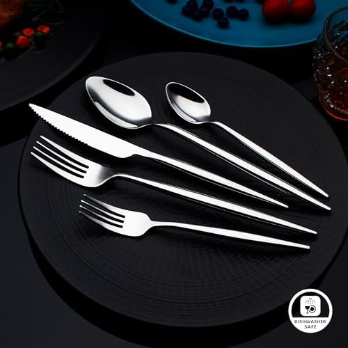 20 Piece Luxury Silverware Set for 4 Mirror-Polished 18/10 Stainless Steel Heavy Flatware Set Modern Cutlery Set Knife/Fork/Spoon Utensil Dishwasher Safe with Gifts