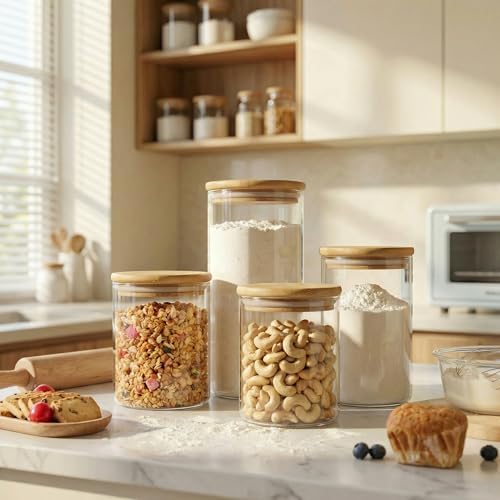 Large Glass Storage Containers with Bamboo Lids for Flour & Sugar, 4 Pack