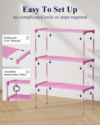 Kitsure Shoe Rack - Non-Woven Shoe Rack Shelf, 27.5" Wide - 3 Tier, Pink