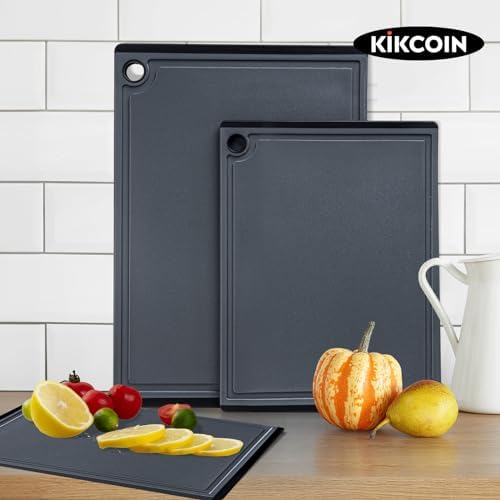 Kikcoin Plastic Cutting Boards for Kitchen, 3-Piece Large Cutting Board Set Dishwasher Safe Chopping Boards with Non-slip Feet and Juice Grooves, Gray