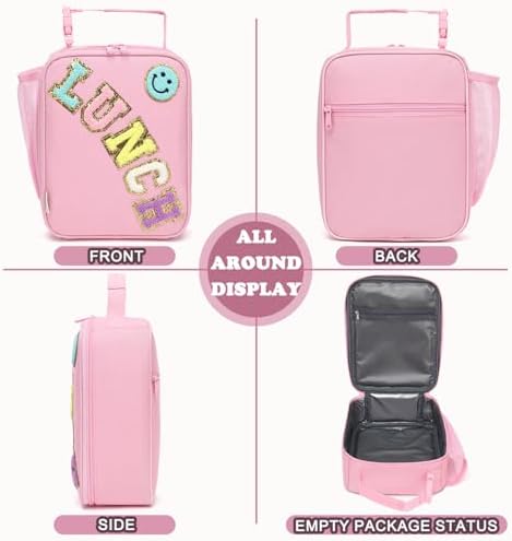 FlowFly Lunch box Insulated Soft Bag Mini Cooler Back to School Thermal Meal Tote Kit With Buckle and Mesh Side Pocket for Girls, Boys, PinkWithLetter