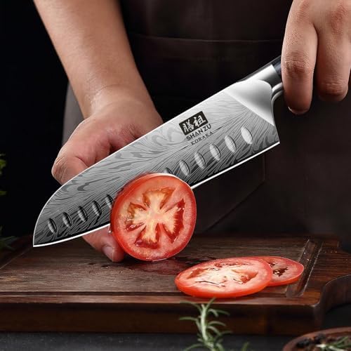 SHAN ZU Kitchen Knife, Santoku Knife 20cm Professional High Carbon Powder Steel Japanese Knives, Ultra Sharp Kitchen Utility Knives with Ergonomic Pakka Wooden Handle