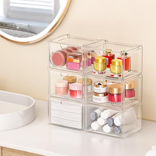 caktraie 6-Pack Acrylic Stackable Storage Drawers for Vanity, Desk, Bath