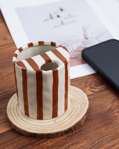 Coffee Mug Espresso Cup 10oz Ceramic Coffee Mugs Porcelain Coffee Cup Hand-Painted Striped Art Multiple Use for Kitchen, Dining-Brown