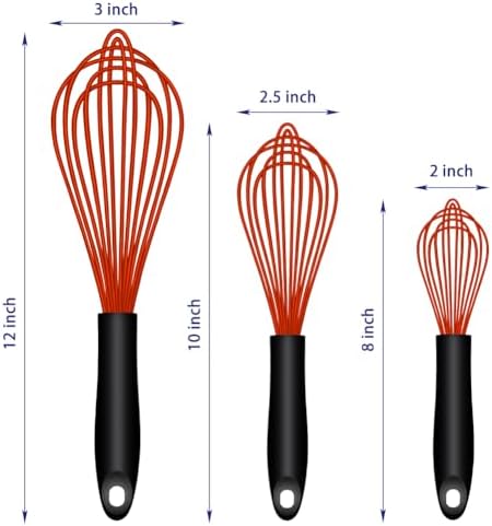OYV Red Silicone Whisk Set of 3, 8/10/12 Inch, Dishwasher Safe