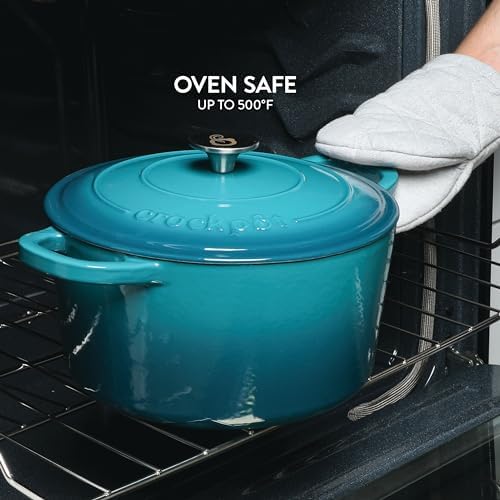 Crock Pot Artisan 6-Quart Round European Enameled Cast Iron Dutch Oven Pot With Lid -Teal Ombre
