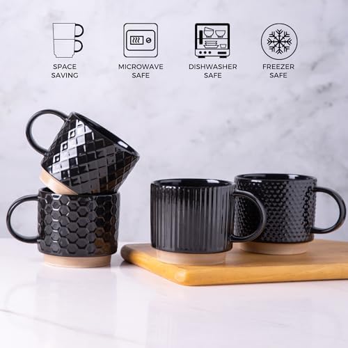 GBhome 12 OZ Stackable Coffee Mugs Set of 4, Ceramic Black Coffee Cups Set