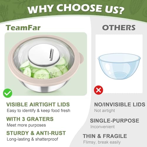 TeamFar Mixing Bowls, 3PCS Stainless Steel Serving Salad Bowls