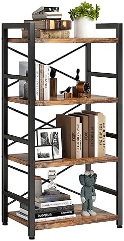 Homeiju Bookshelf, 4 Tier Small Bookcase, Organizers and Storage, Metal Small Bookcase, Rustic Book Shelf Organization and Storage for Living Room, Bedroom, and Home Office(Rustic Brown)