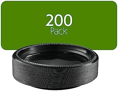 PLASTICPRO 200 PCS Black Plastic Plates Light Weight 9 Inch Plastic Dinner Plates Black Plate Disposable for Party and Wedding