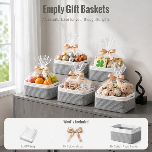 5 Pack Small Woven Storage Baskets for Shelves, Gift Baskets Empty