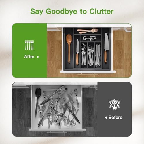 Pipishell Bamboo Expandable Silverware Drawer Organizer, Black, Medium