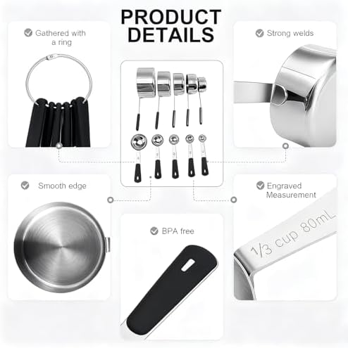 Bopei 10-Pcs Stainless Steel Measuring Cups & Spoons Set, Black Handles