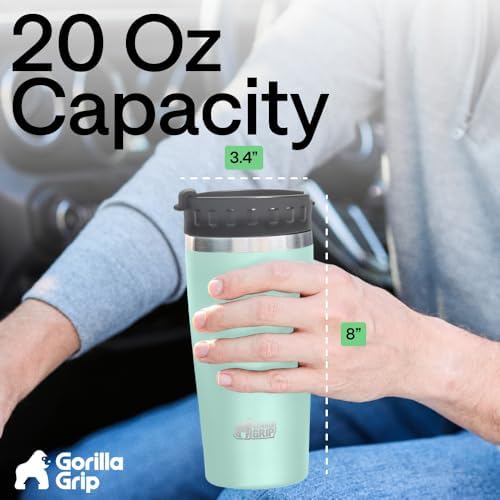GORILLA GRIP 304 Stainless Steel Travel Coffee Mug, 20oz Tumbler, Mint