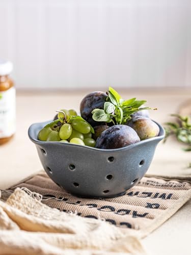 Gomakren Ceramic Berry Basket, 6in Floral Fruit Bowl with Holes, Slate Blue