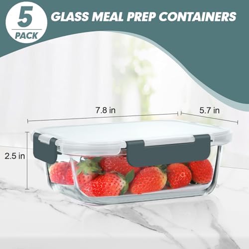KOMUEE 30 oz 5 Pack Glass Meal Prep Containers with Lids, Green