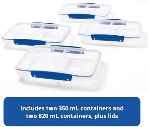 Rubbermaid Pack & Go Set with Two 350 mL Containers and Two 820 mL Containers, Divided Compartments, Meal Prep Containers with Secure Seal Lids