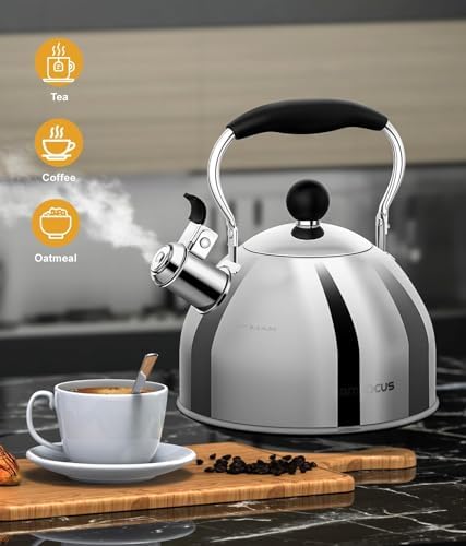 Tea Kettle, 2 Quart Stainless Steel Whistling Tea Kettle, Stovetop Whistling Teakettle Tea Pots for Stove Top with Ergonomic Folding Handle, Small Teapot, Water boiler for Tea, Coffee (Silver)