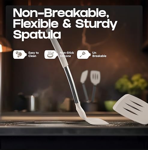 BakeRoyal Silicone Spatula Set - Turner Spatulas Silicone Heat Resistant 600°F - Slotted & Solid Spatula for Cooking Fish, Eggs, Pancakes Flipper – Spatulas for kitchen use – Mist