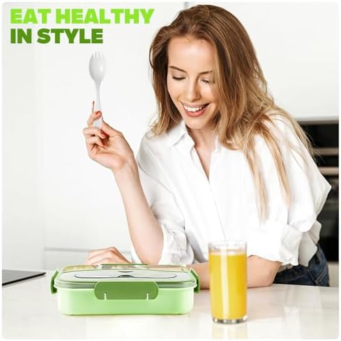 EASYFUN Bento Box Adult, Lunch Box, 4-Compartment Lunch Containers, Drop-Proof, Dishwasher Safe & Made with BPA-Free Materials (Green)