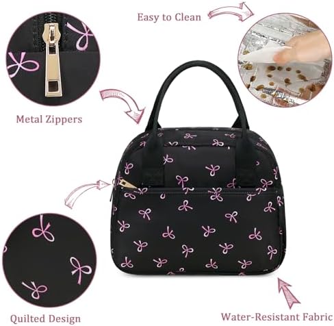 CAMTOP Lunch Box for Women Men Insulated Lunch Bag Lunch Tote Bag Leakproof Thermal Cooler Large Capacity for Travel Work School Picnic (Black Pink Bow)
