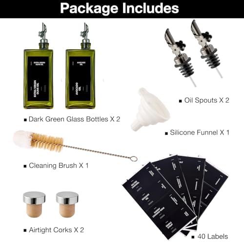 Olive Oil Dispenser Bottle for Kitchen, 16.9oz /500ml Cooking Vinegar Dispenser Bottle Set, Glass Sauce Container, Labels, Brush, Funnel, Stoppers, Green for Oil, Wine